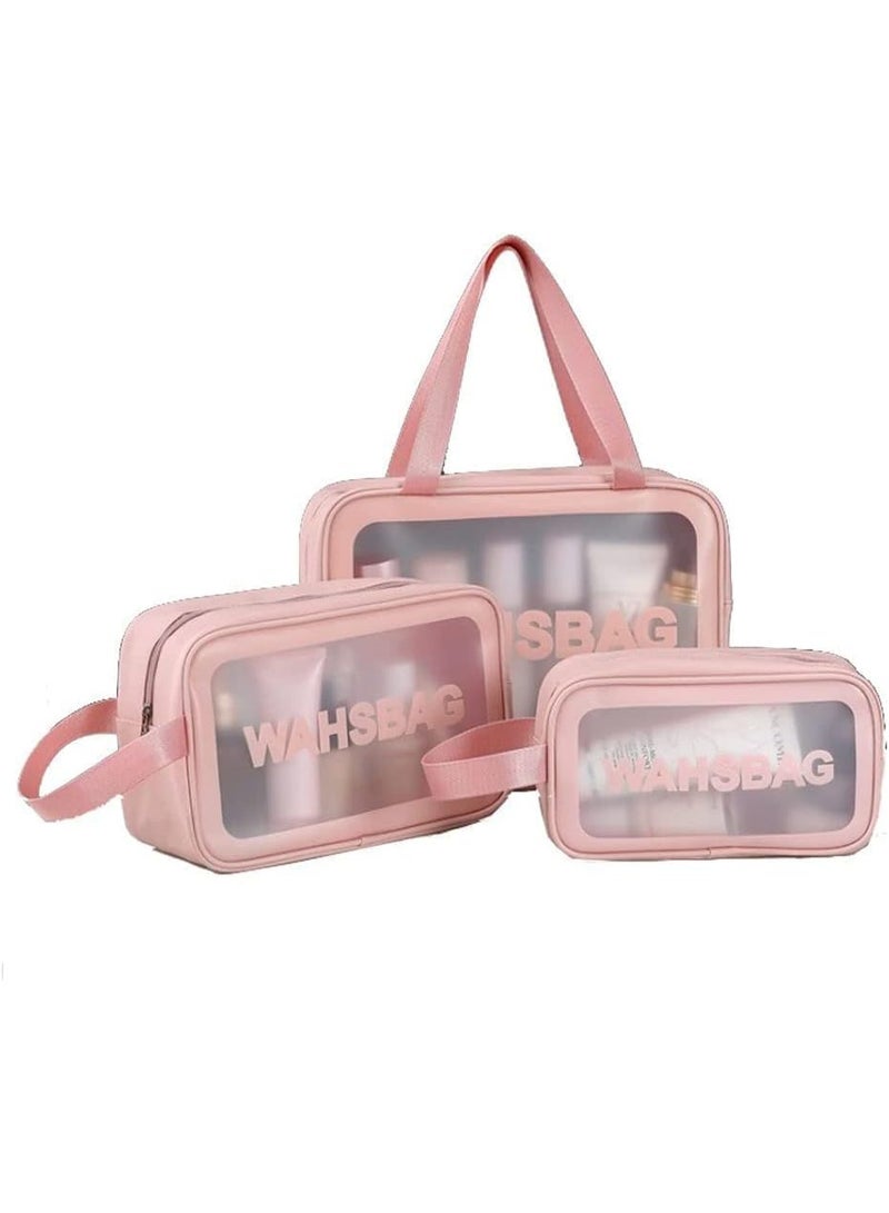 Toiletry Bags - Waterproof Cosmetic Laundry Bag Zipper Makeup For Women And Girls 3 Pieces Travel & Holiday Accessories PVC plastic and eco-friendly polyurethane leather Transparent  (Pink) - Image 4